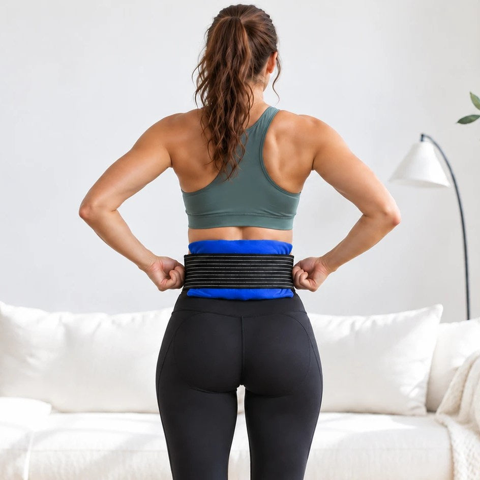 Woman wearing the TrekProof hot and cold pack wrap on her lower back