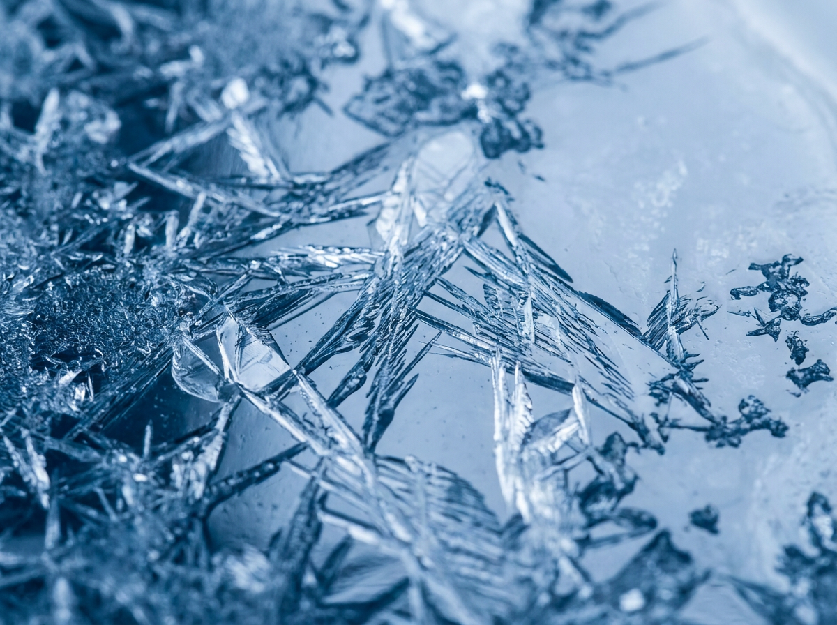 Macro of frost and ice crystals in cool blue tones