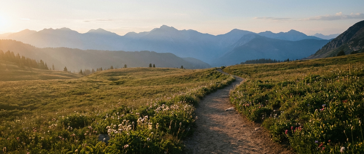 Mountain hiking trail through an alpine meadow at golden hour